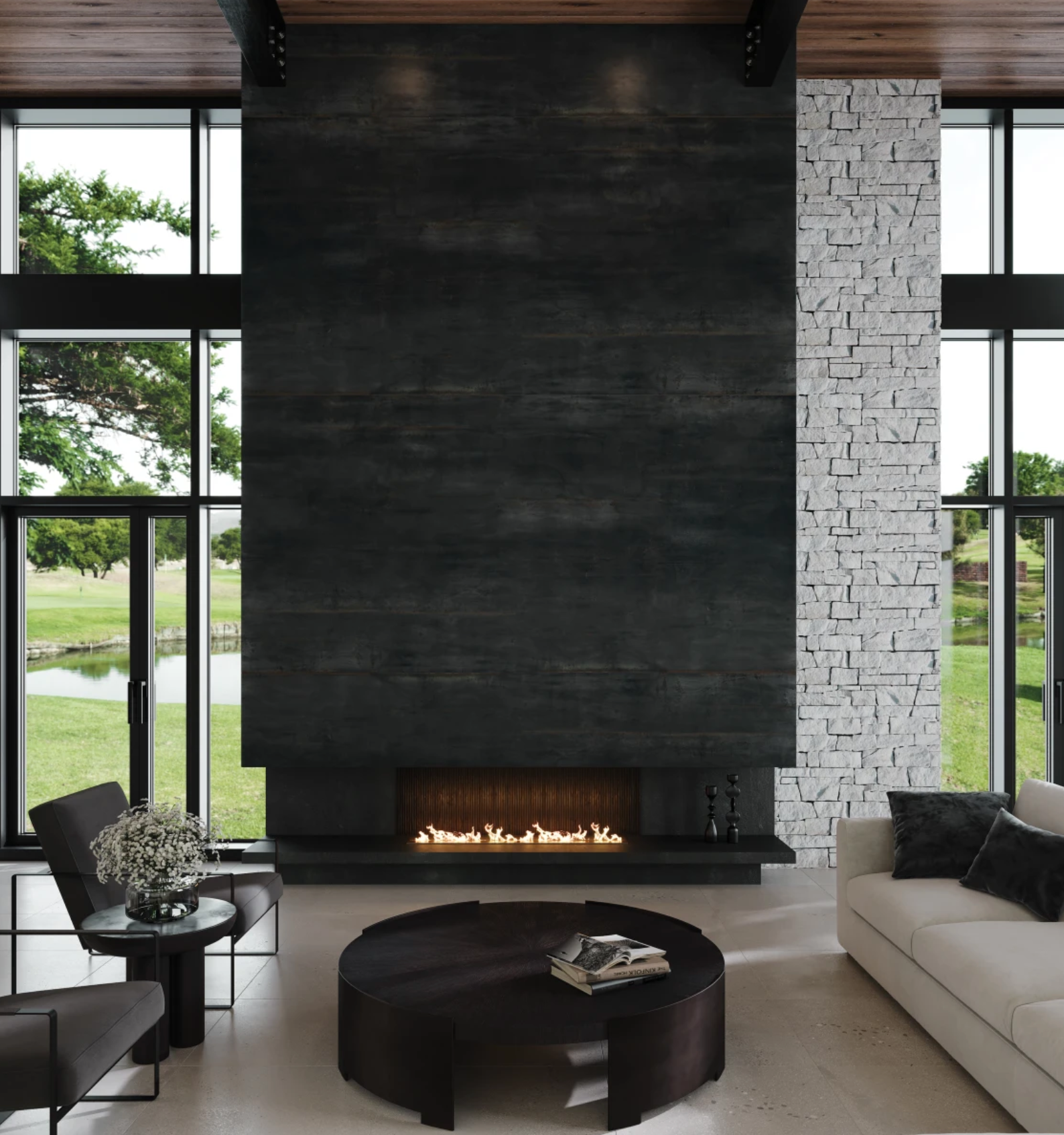 a fireplace and a couch