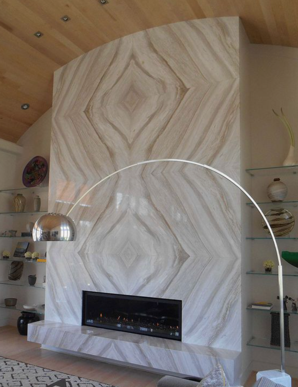 a fireplace and a lamp