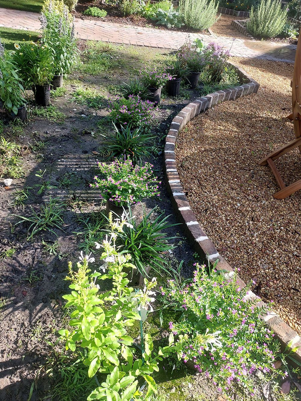 A garden with a table and chairs in the middle of it.