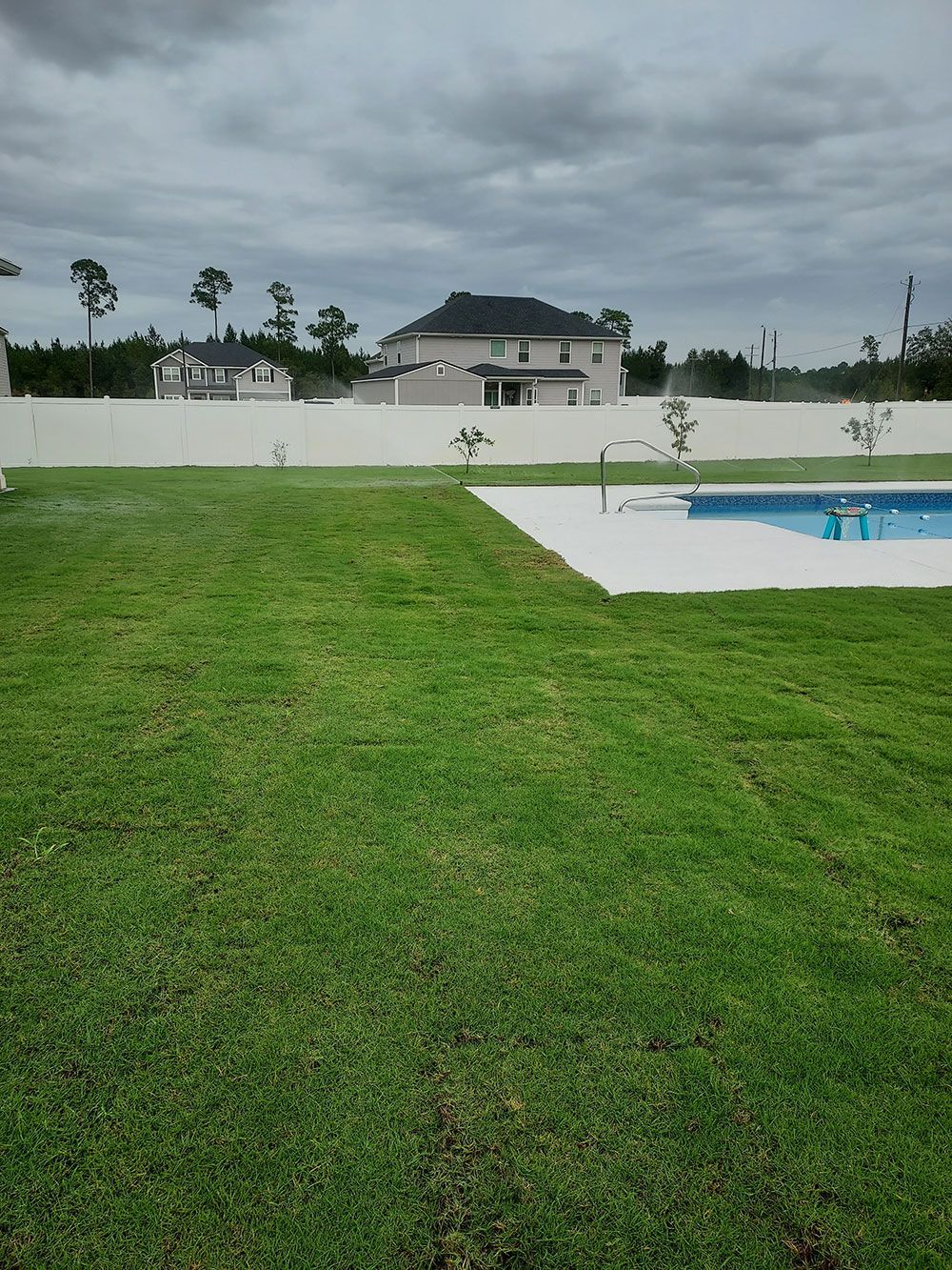 A large lawn with a pool and a house in the background