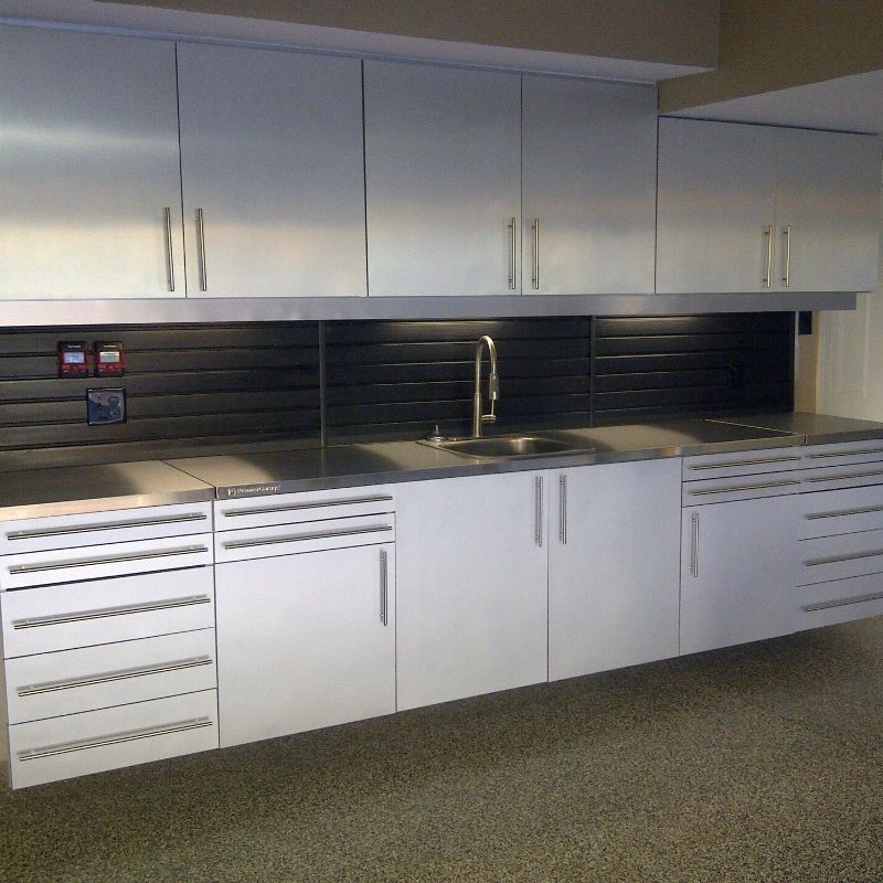 A kitchen with white cabinets and a sink