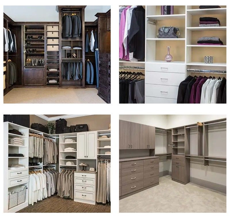 A collage of four pictures of a walk in closet