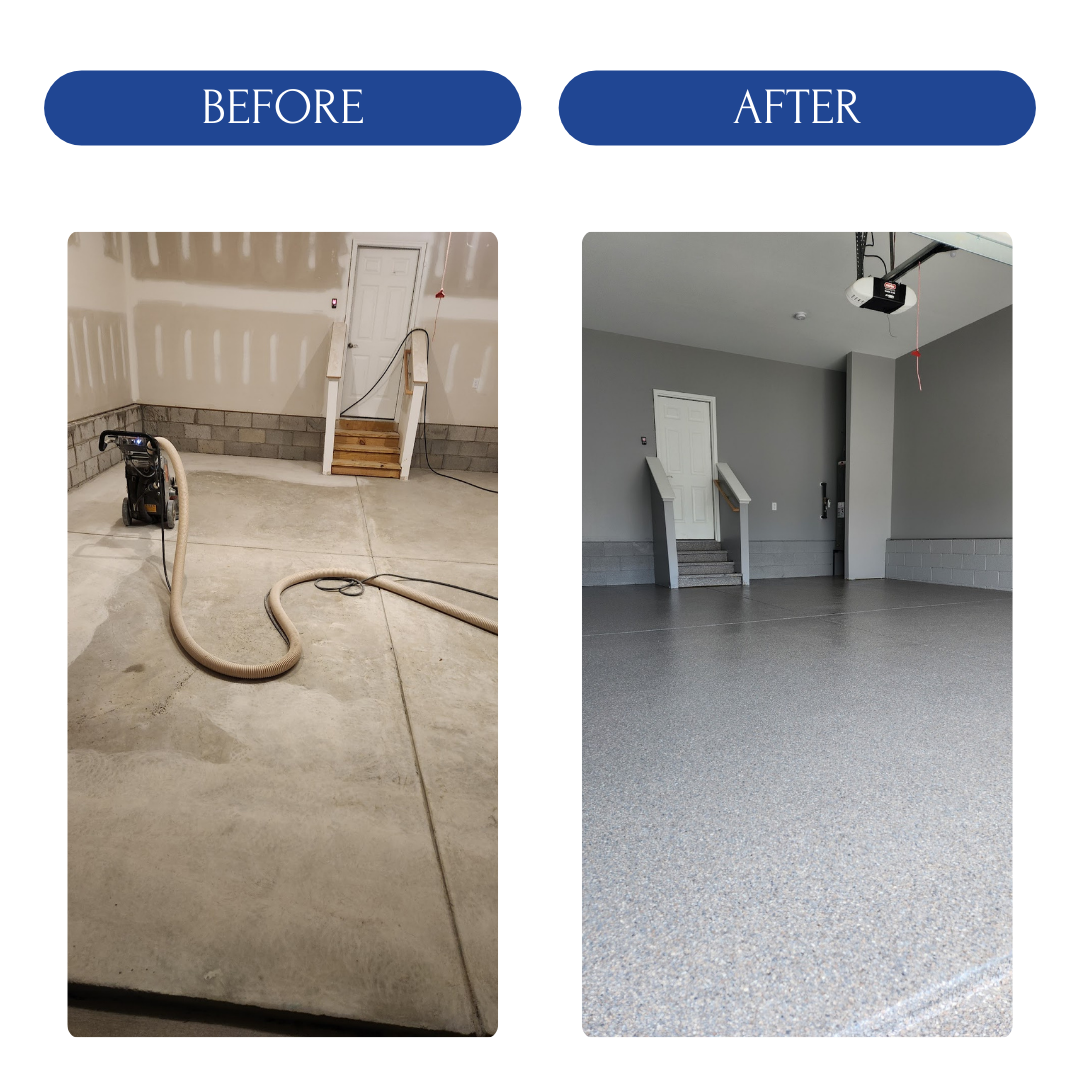 A before and after picture of a garage floor.