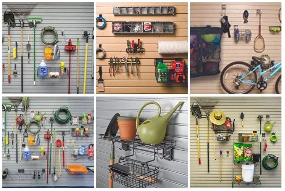 A collage of pictures of a garage wall filled with tools and a bicycle.