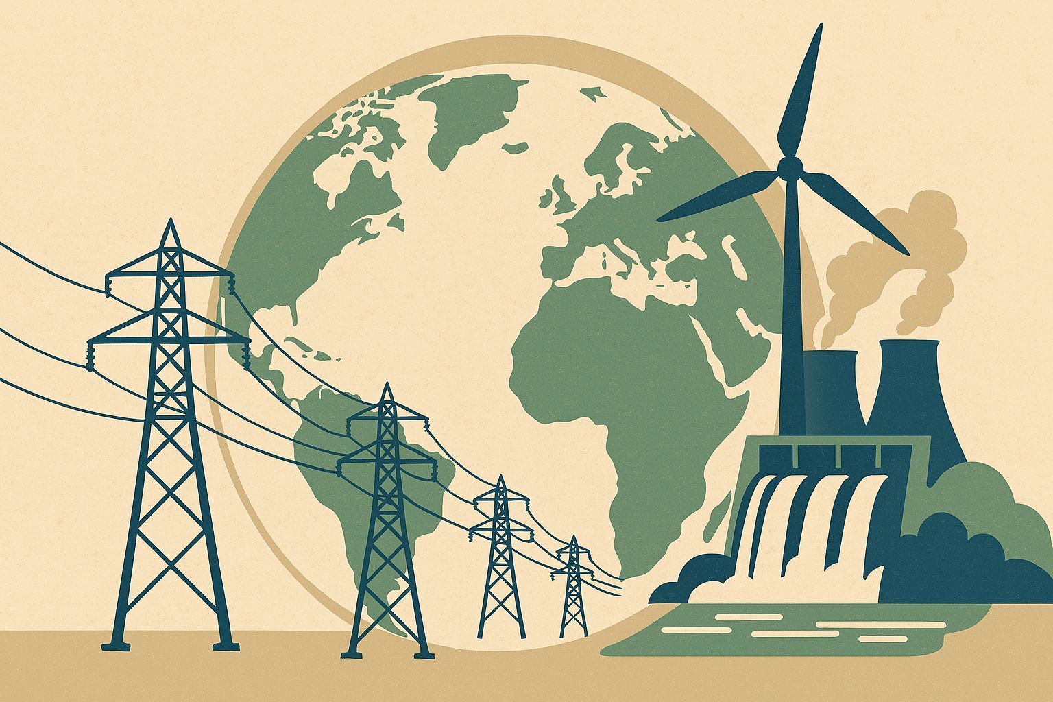 Illustration of power lines, wind turbines, a dam, and a globe symbolizing clean energy infrastructure