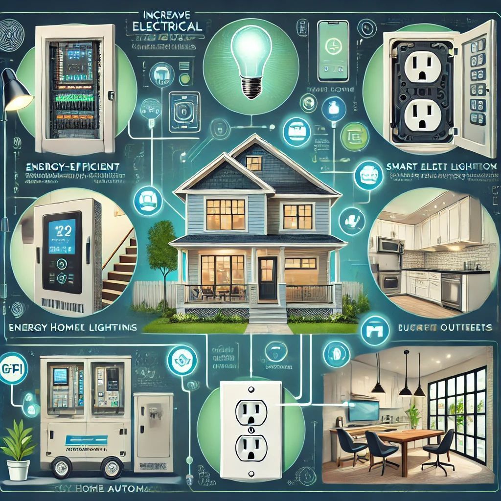Smart home energy efficiency infographic with house, lights, thermostats, outlets, and connected devices