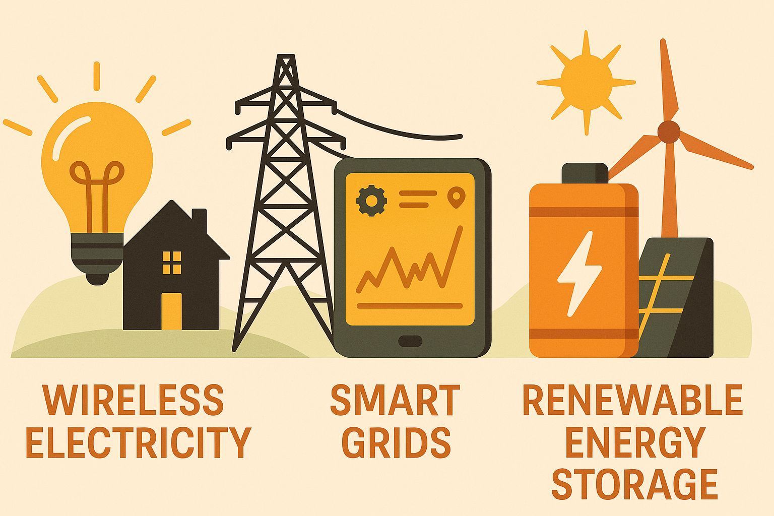 Icons for wireless electricity, smart grids, and renewable energy storage with sun, tower, and battery.