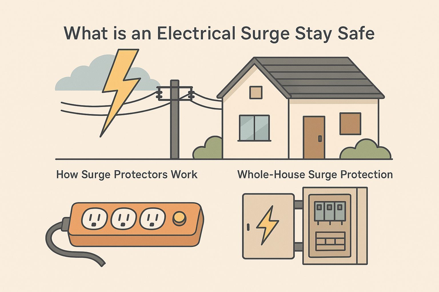 Infographic on electrical surge safety, with a lightning strike, surge protector strip, and house surge protection panel