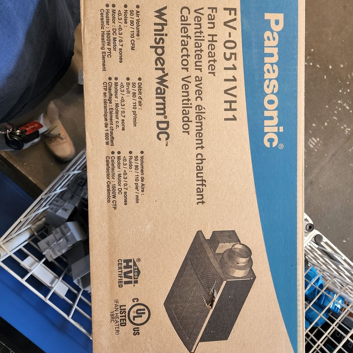 Panasonic WhisperWarm DC bathroom exhaust fan heater box with product photo and model FV-0511VHL1