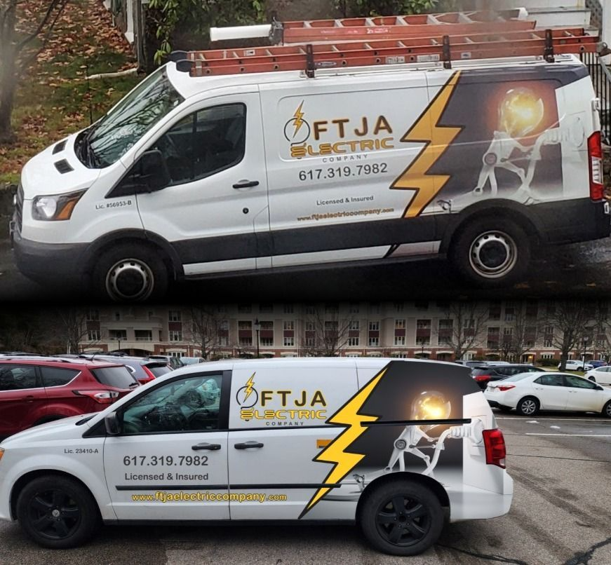 White FTJA service van with ladder racks and lightning bolt logo parked in a lot, shown in side and rear views