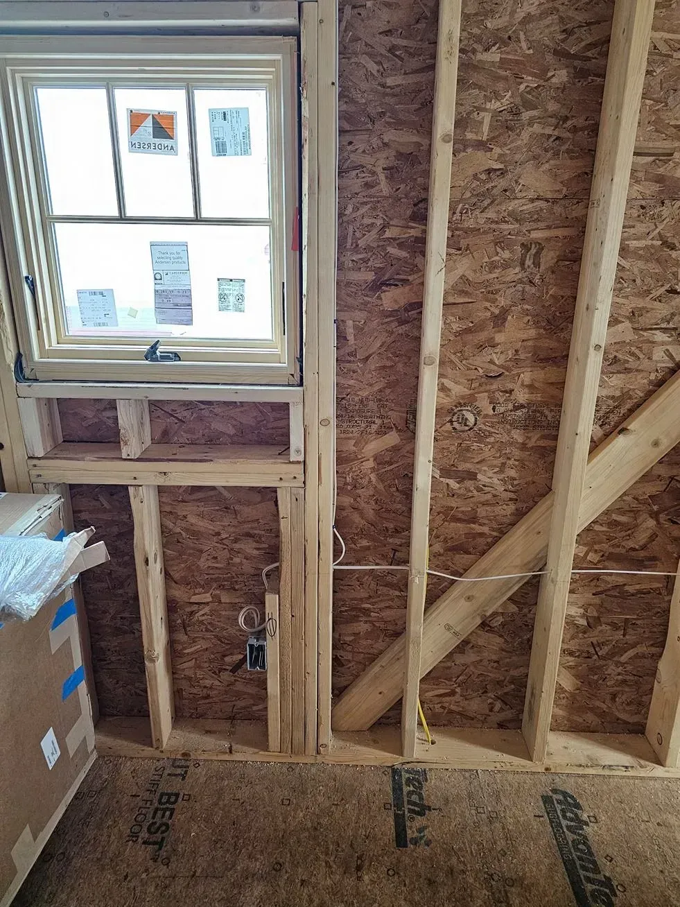 Unfinished room wall framing with a small window, exposed insulation, and a box on the floor
