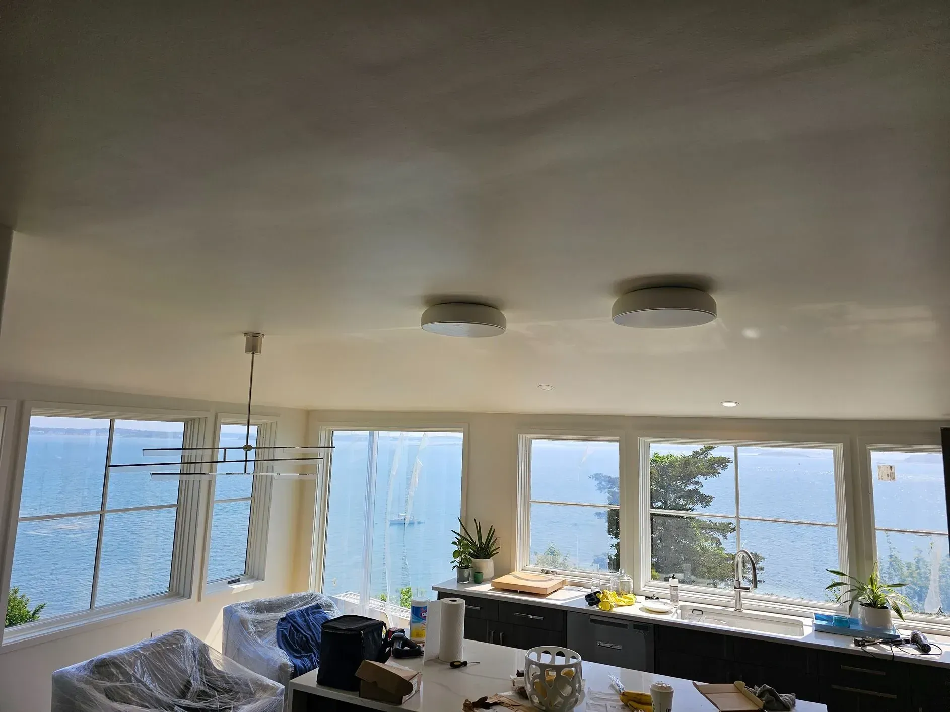 Bright living room with large windows overlooking the sea and a tree, ceiling lights, and a sofa near the window.