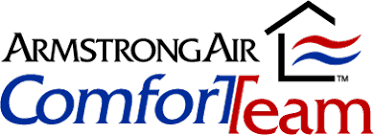 A logo for armstrong air comfort team with a house on it