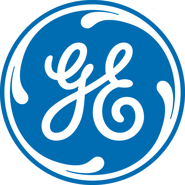 A blue and white ge logo on a white background