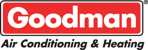 The logo for goodman air conditioning and heating is red and white.