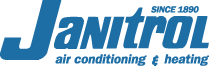 A blue and white logo for janitrol air conditioning and heating