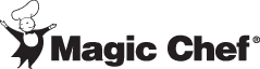 A black and white logo for magic chef with a chef on it