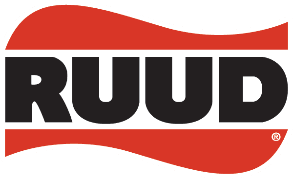A red and black logo for a company called ruud