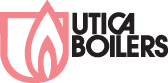 A logo for utica boilers with a flame in a shield.
