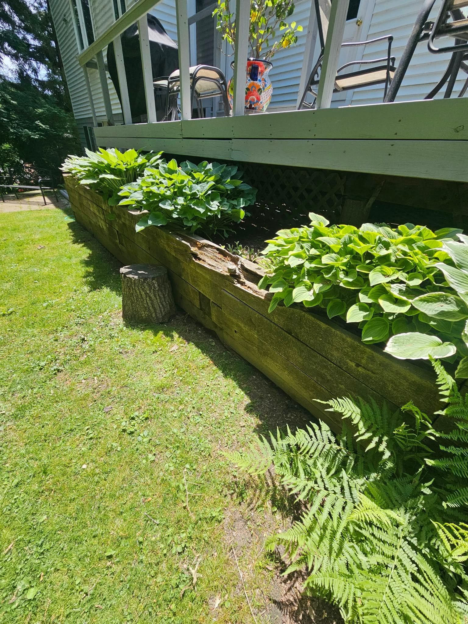 Raised garden bed with green plants beside a porch over a grassy yard