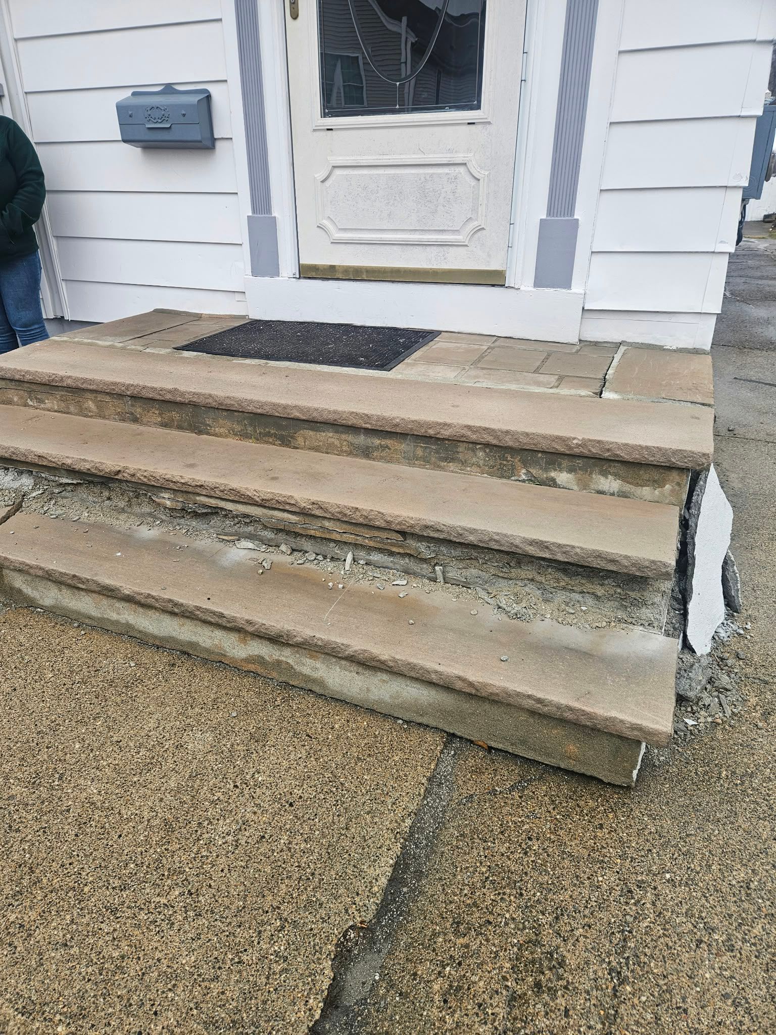 Front steps of a house with worn concrete stairs, a white door, and a gravel walkway.