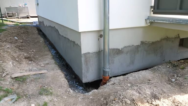 House foundation corner with gray waterproofing and a downspout over bare dirt ground