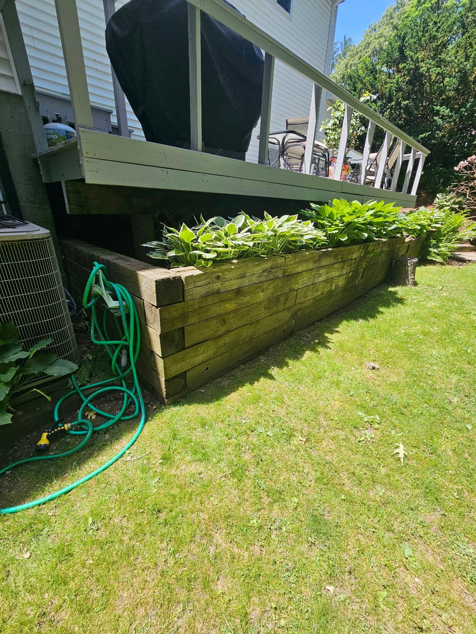 Raised wooden planter beside a house deck, filled with green plants in a sunny yard.