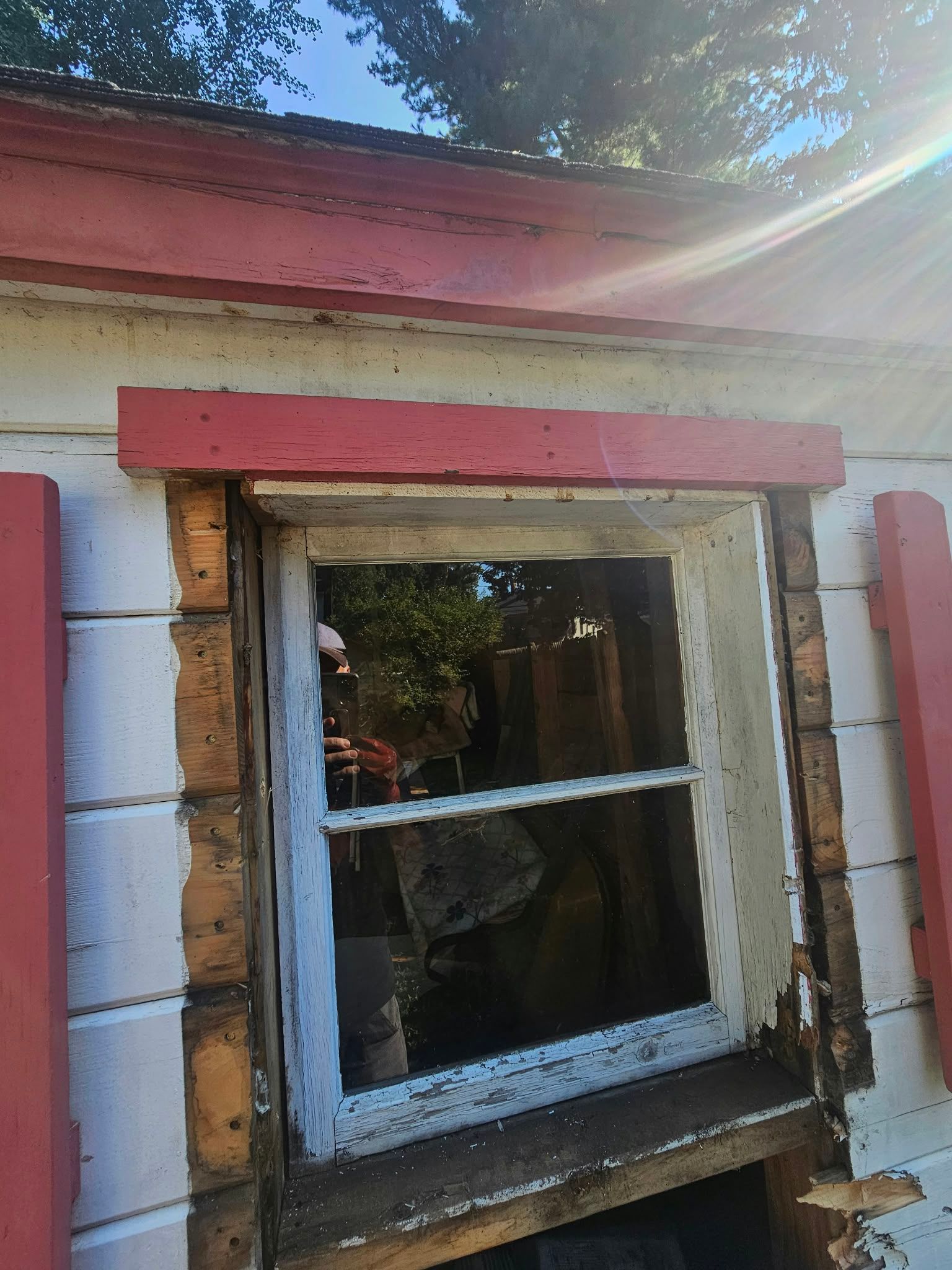 Small weathered window in a white wall with red trim, reflecting trees and sunlight outdoors.