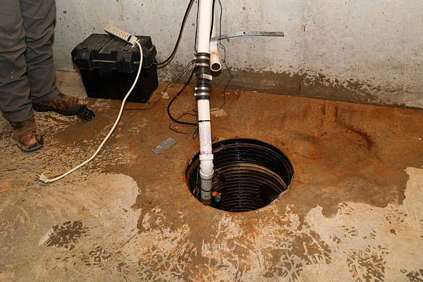 Basement floor with an open circular drain hole and a vertical pipe, surrounded by wet concrete.