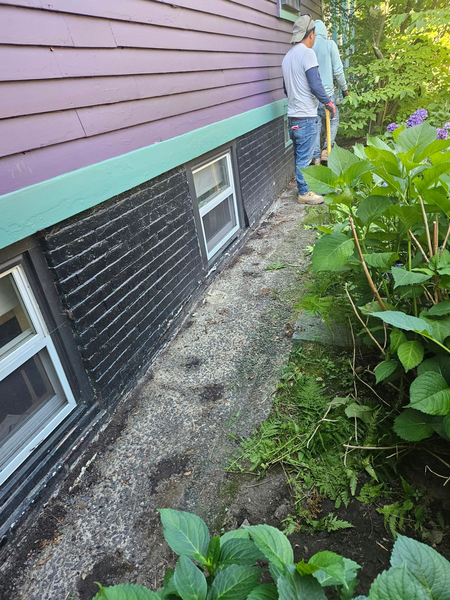 Person standing beside a house foundation with a narrow dirt path and overgrown plants along the wall