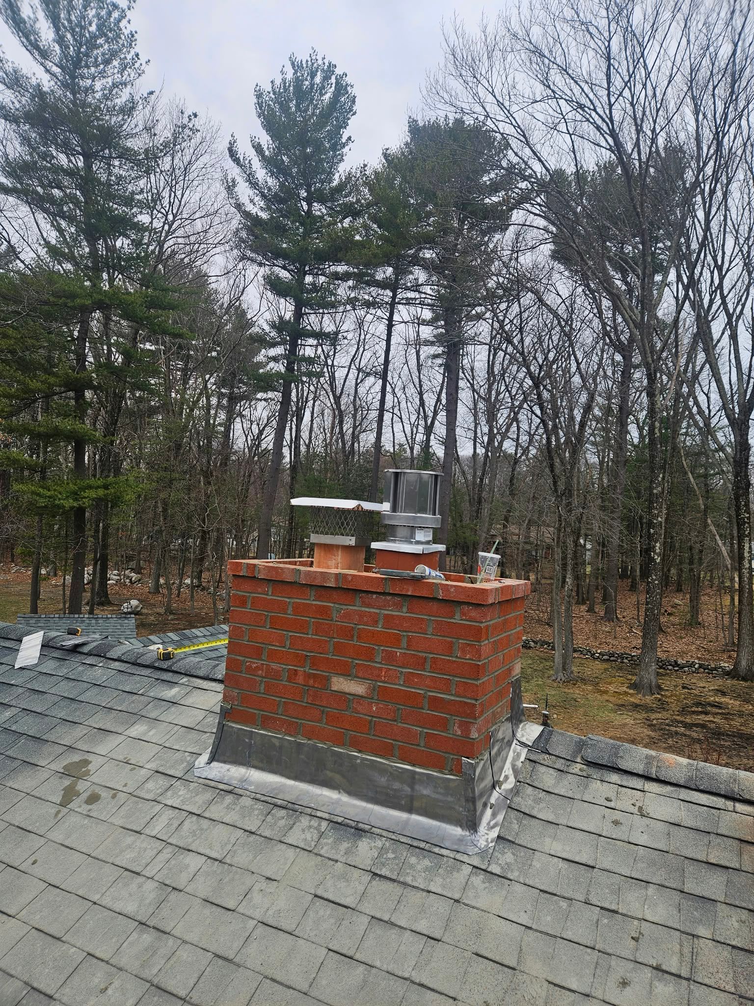 Rooftop brick chimney with metal flue caps, surrounded by bare trees under a gray sky