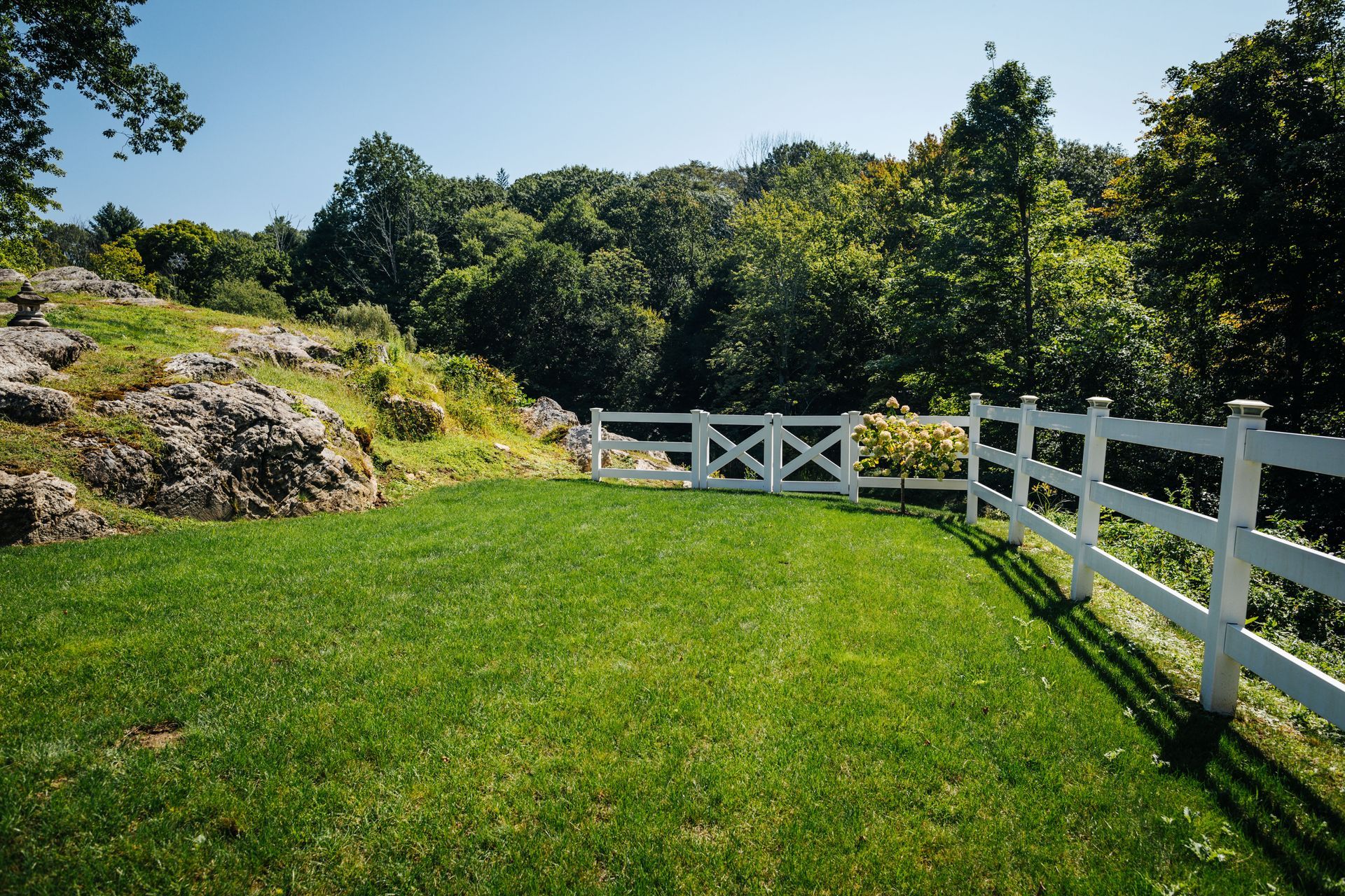 A white fence surrounds a lush green field with trees in the background.