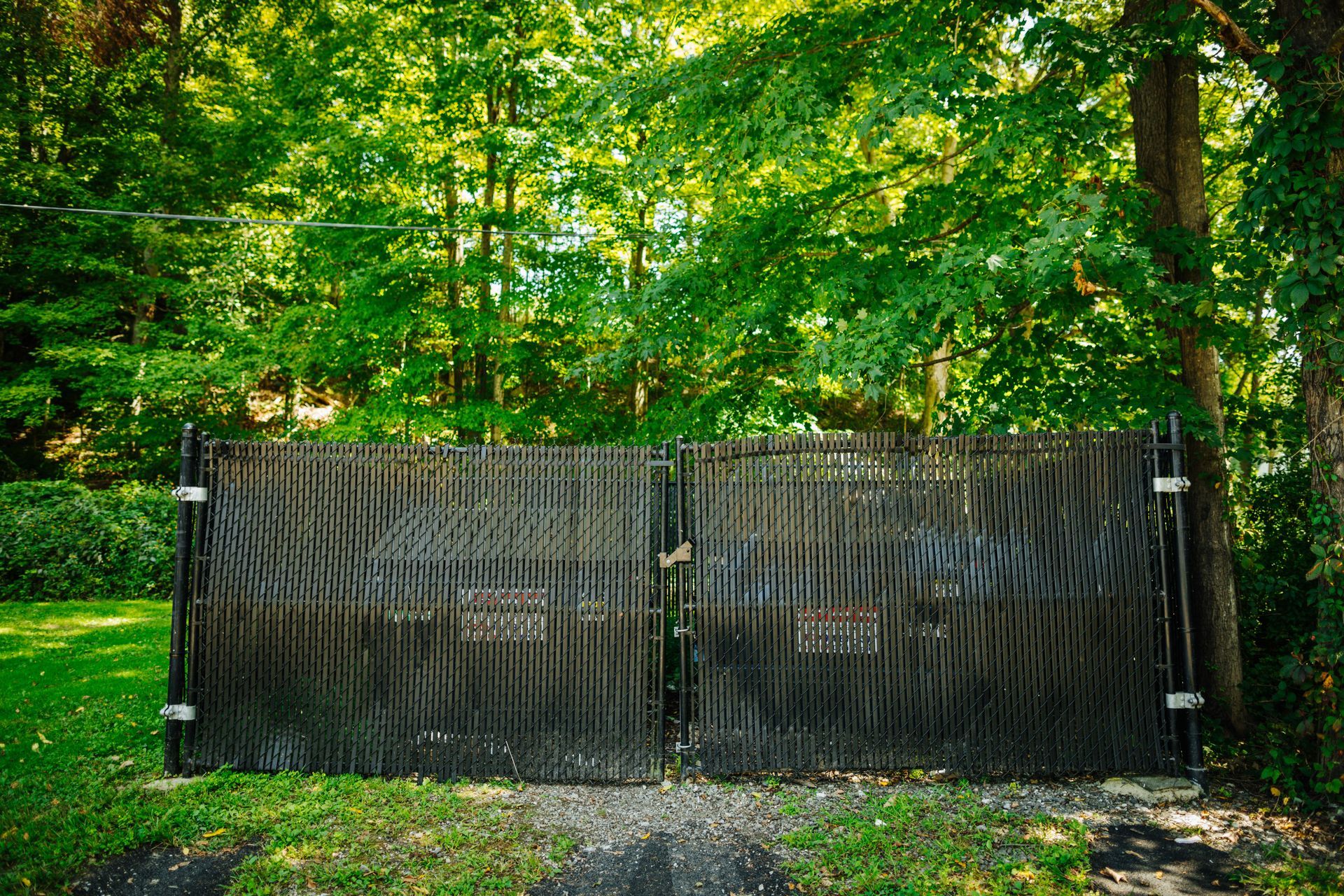 A wooden gate is sitting in the middle of a lush green forest.