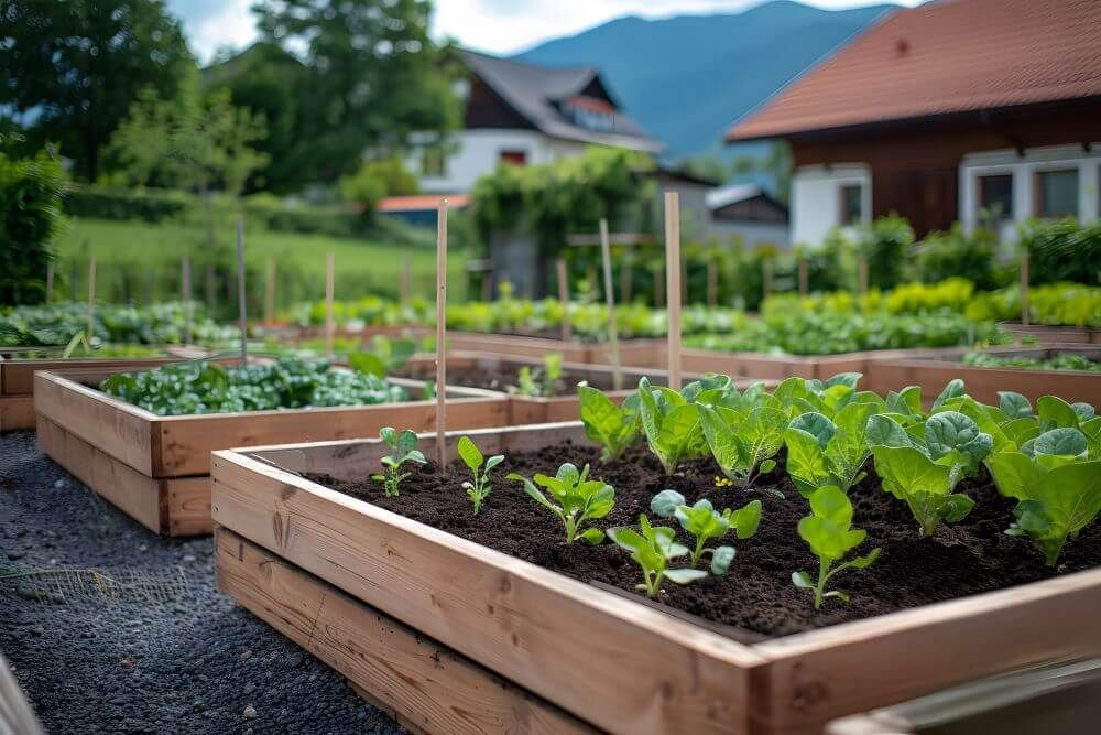 A garden with lots of vegetables growing in wooden boxes.