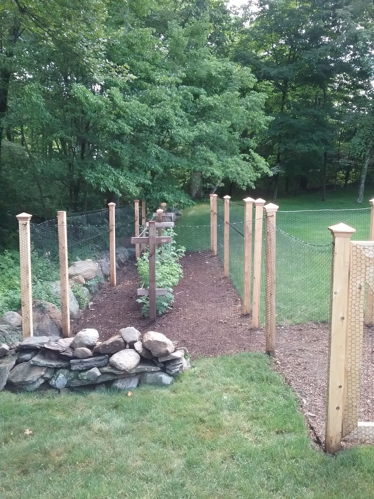A wooden fence is surrounded by rocks and trees in a yard.