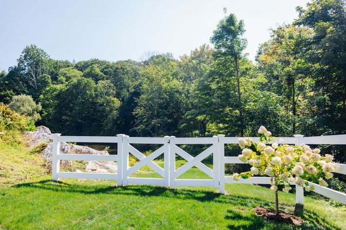 A white fence surrounds a lush green field with trees in the background.