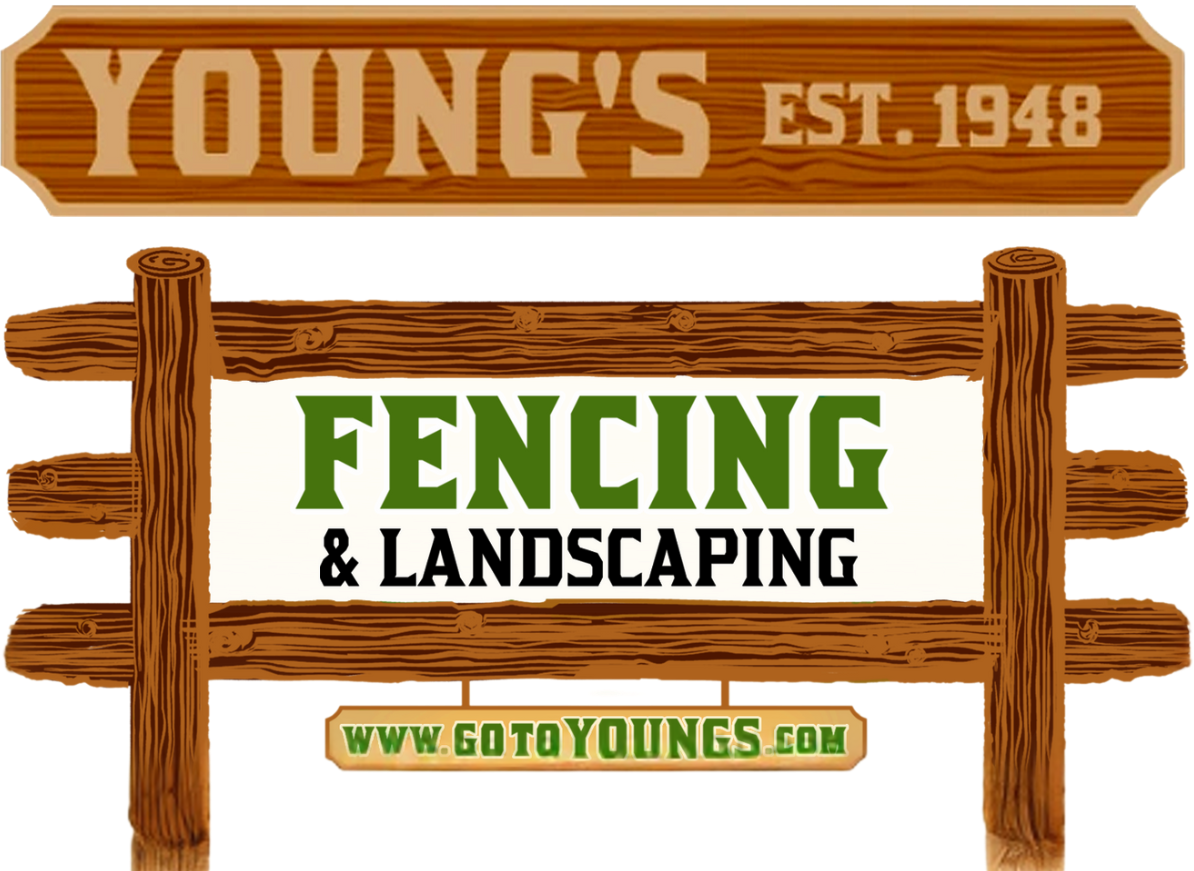 A wooden sign for young 's fencing and landscaping