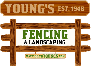 A wooden sign for young 's fencing and landscaping