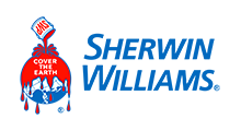 Sherwin-Williams logo with a paint can pouring red paint over a blue globe and “Cover the Earth” slogan