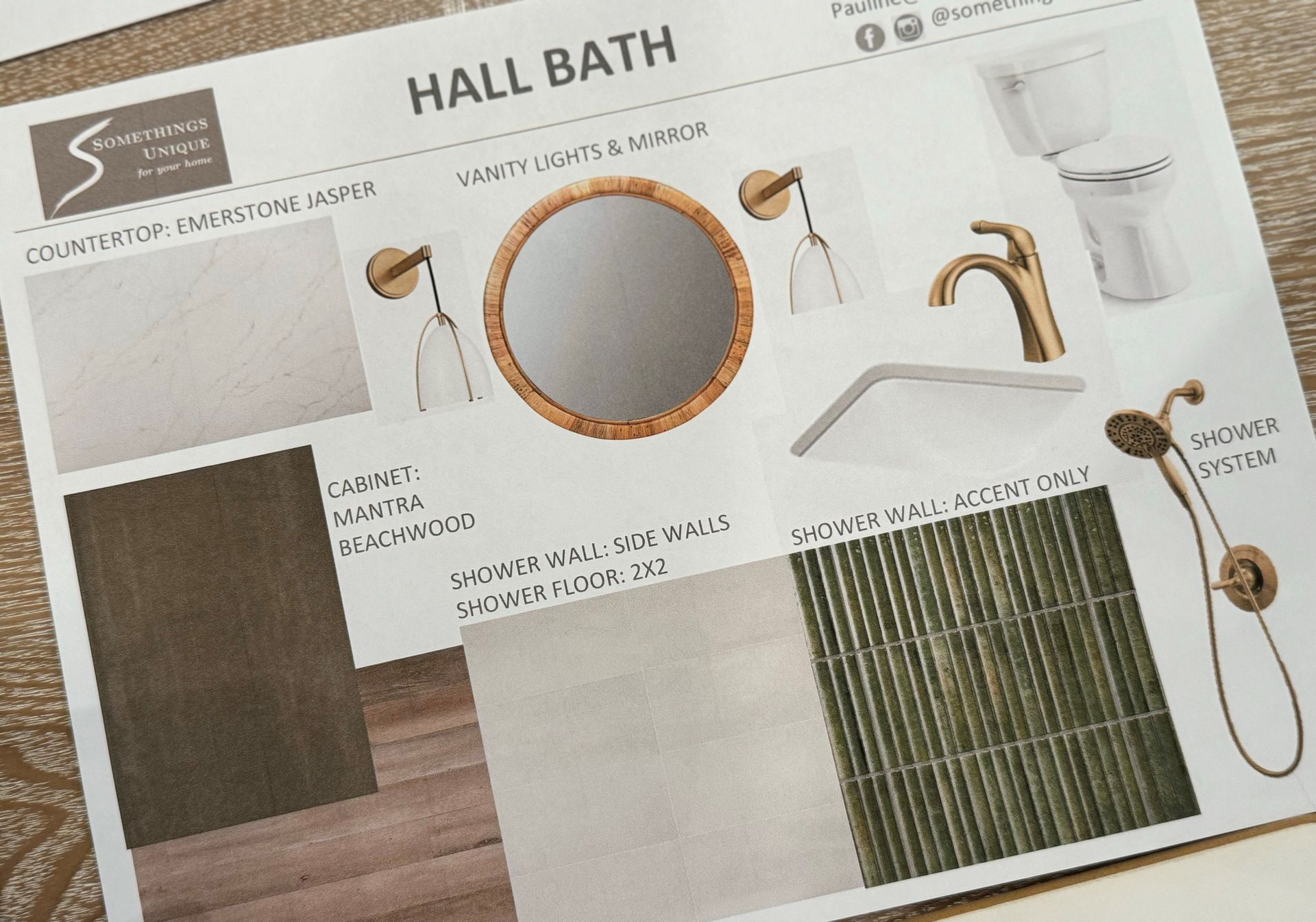 Hall bath design board with tile, fixtures, and finishes in neutral tones.