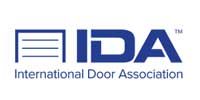 The logo for the international door association is blue and white.
