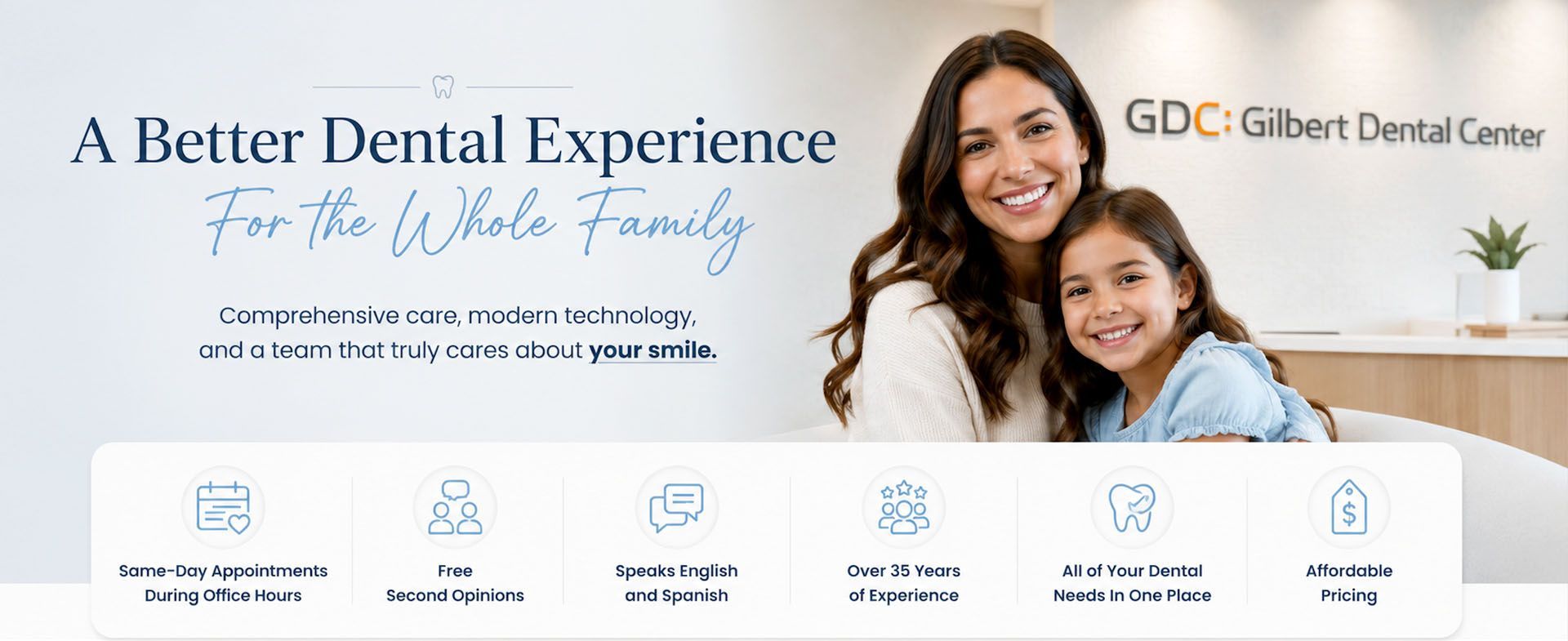 Dental clinic banner with smiling woman and child