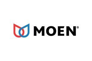 MOEN logo with red and blue faucet icon on a white background