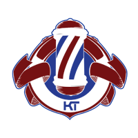 A barber pole inside a dark red and blue circular frame with ribbons and the letters "KT" at the bottom.