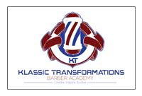 Logo for Klassic Transformations Barber Academy, featuring a red, white, and blue barber pole with the letters KT.