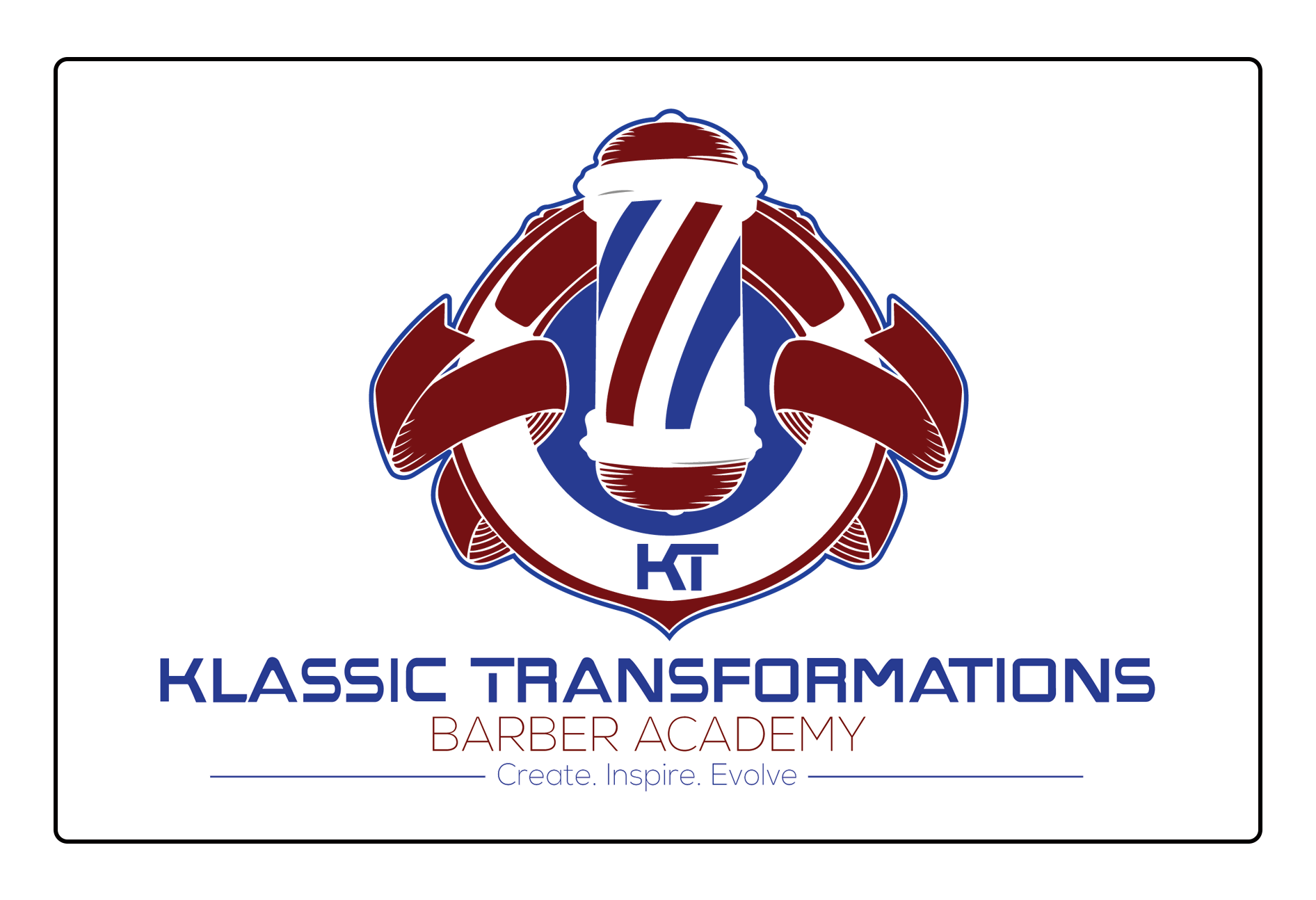 Logo for Klassic Transformations Barber Academy, featuring a red, white, and blue barber pole with maroon ribbon accents.