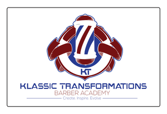 Logo for Klassic Transformations Barber Academy, featuring a red, white, and blue barber pole with maroon ribbon accents.