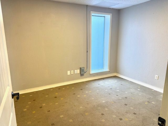 Empty room with beige walls, a window with a blue tint, and patterned carpet. The door on the left is partially open.