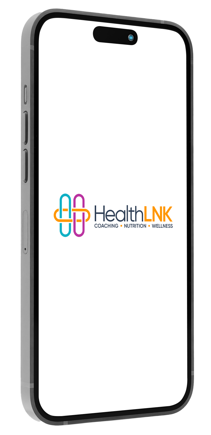 Smartphone mockup displaying the HealthLINK logo on a white screen
