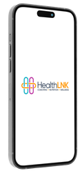 Smartphone mockup displaying the HealthLINK logo on a white screen